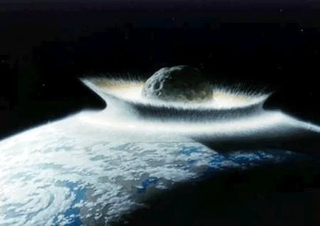 December 21St 2012 — Painted illustration of large asteroid or meteor slamming into Earth with massive shockwave and debris cloud from low orbit.