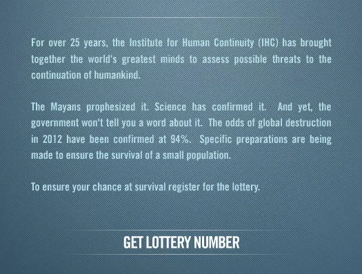 December 21St 2012 — Screenshot of fictional Institute for Human Continuity website from 2012 film ARG with Maya prophecy and 94% destruction probability.