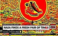 Deep Fried Memes — Image with text 'NASA FINDS A FRESH PAIR OF TIMBS' and shoe surrounded by heavily pixelated glitchy frame effects and neon colors.