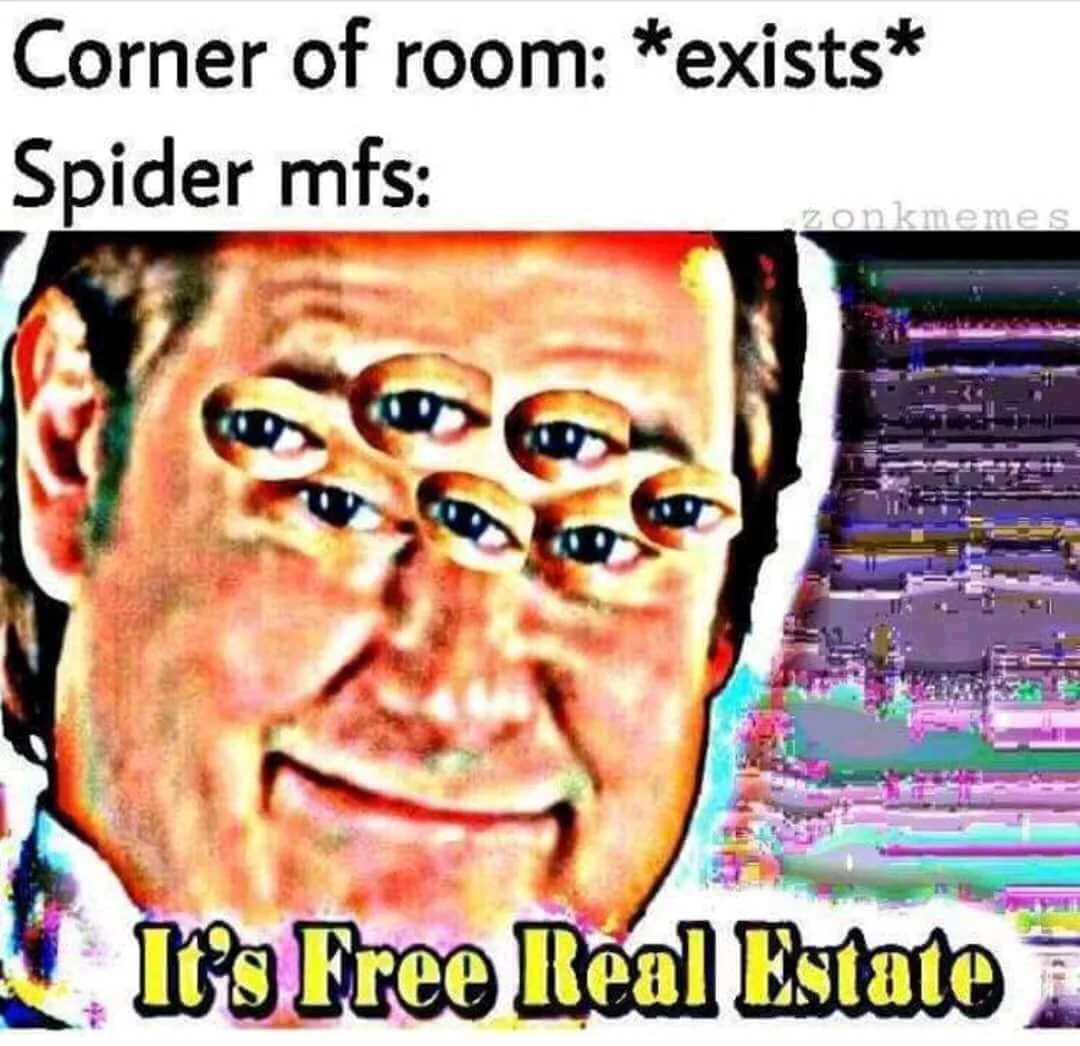 Deep Fried Memes — Spider-Man character with multiple eyes and heavy glitch distortion with text 'Corner of room: *exists*' and 'It's Free Real Estate'.