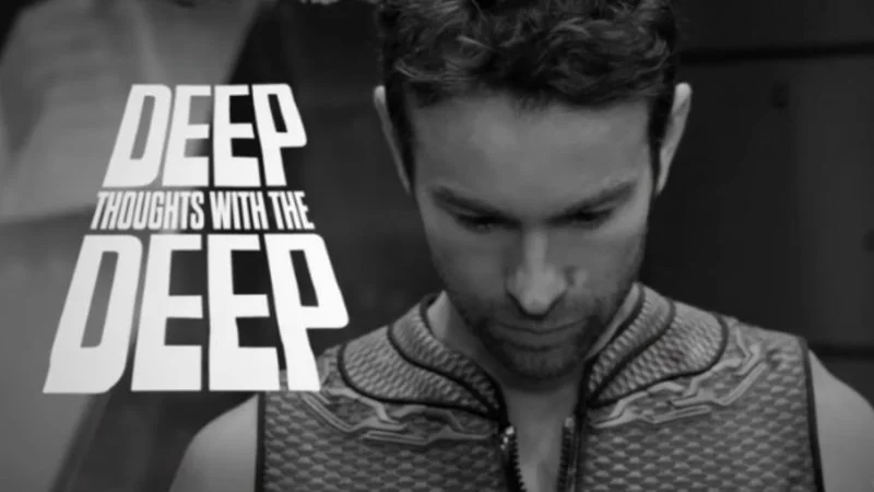 Promotional image of The Deep character in black and white with 'Deep Thoughts With The Deep' title branding from The Boys.