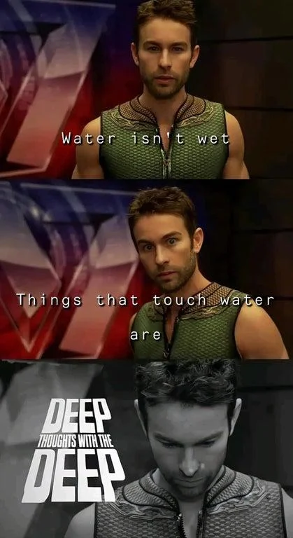 Deep Thoughts With The Deep — Three-panel Deep Thoughts meme questioning whether water is wet or things become wet with thoughtful character across panels.