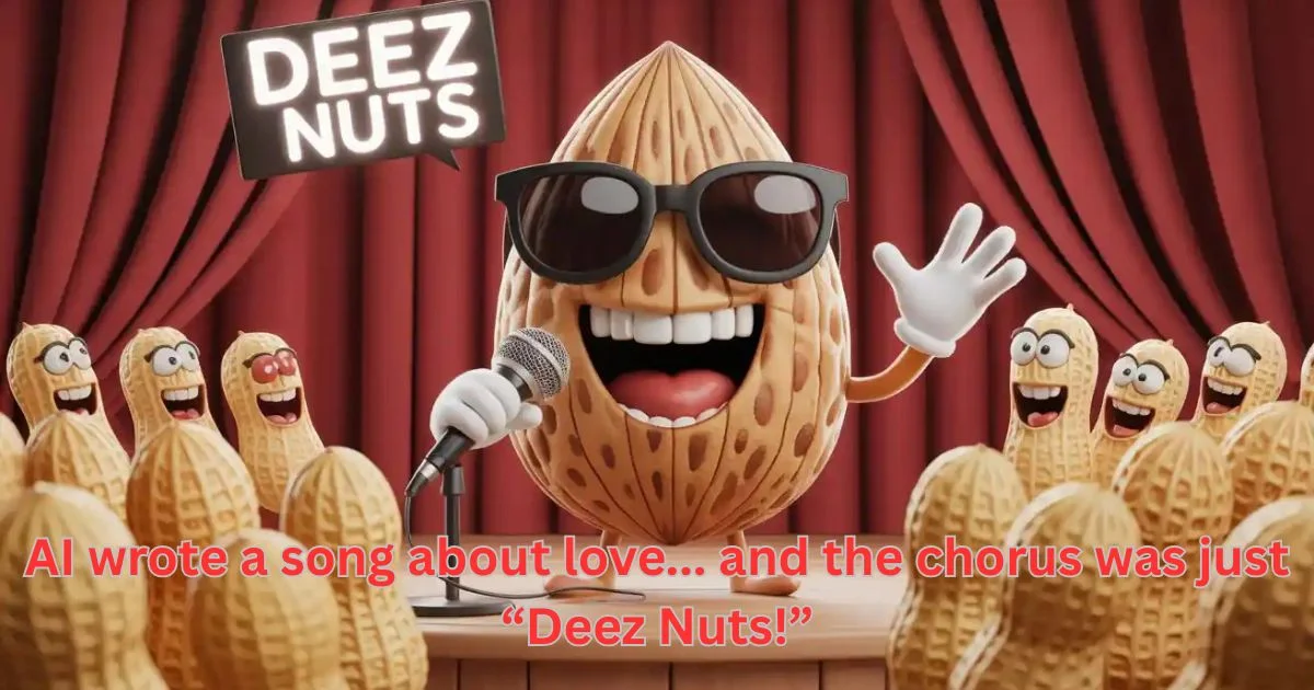 Animated personified peanut character wearing sunglasses labeled 'DEEZ NUTS' performing on stage with backup peanuts.