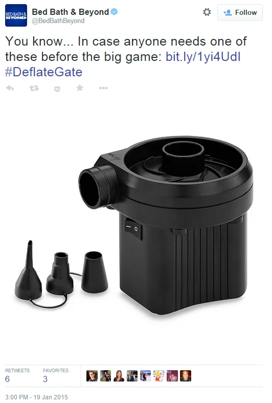 Bed Bath & Beyond tweet advertising an air pump with hashtag DeflateGate