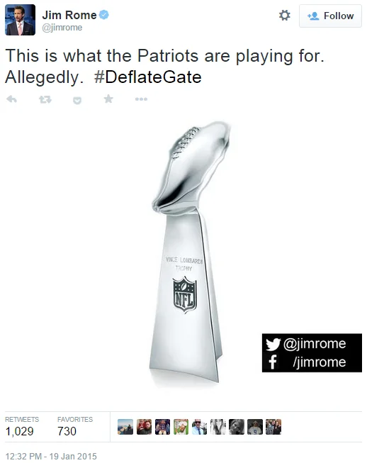 Jim Rome tweet with Vince Lombardi Trophy image and hashtag DeflateGate
