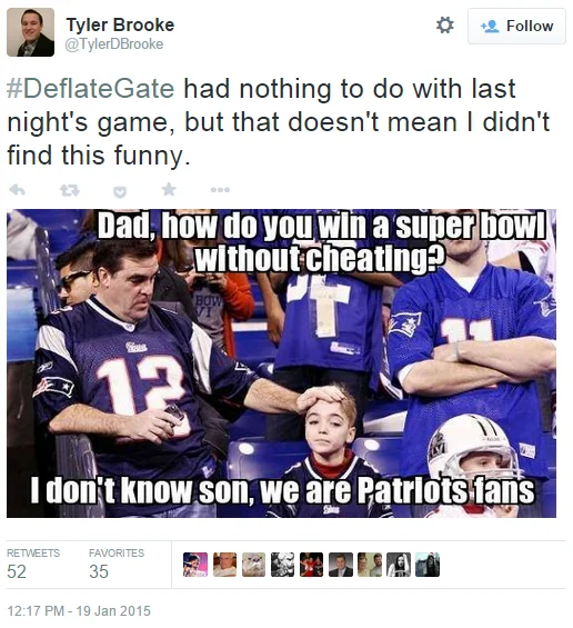 Deflategate — Tweet with Patriots fans meme joking about winning Super Bowls without cheating