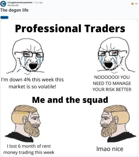Degen (Slang — Crypto meme contrasting professional traders and degens using wojak and gigachad
