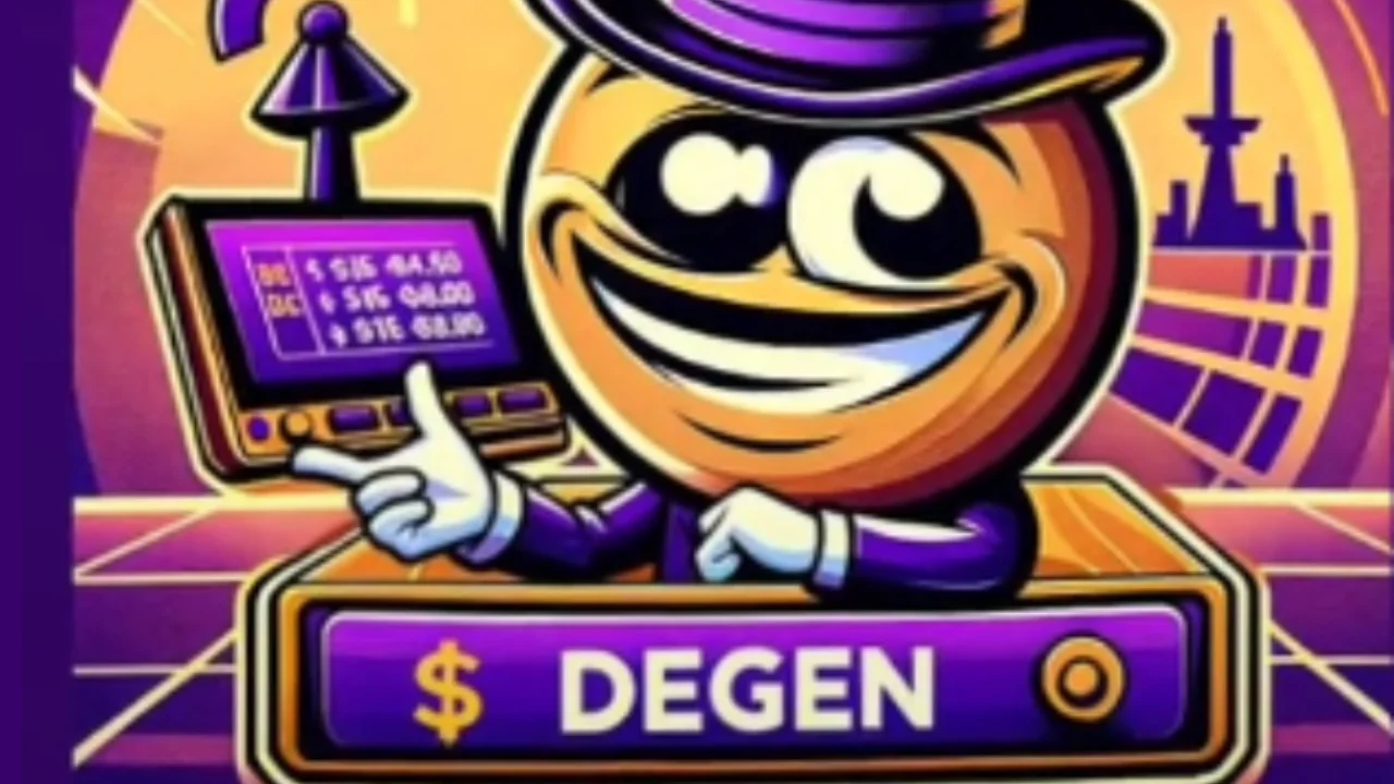 Degen (Slang — Cartoon degen mascot in top hat pointing at crypto price ticker with DEGEN banner