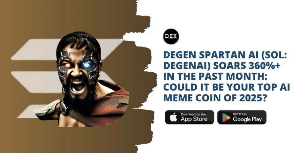 Stylized portrait of intense male face with golden tones branded as Degen Spartan AI mascot with price achievement text and app buttons.