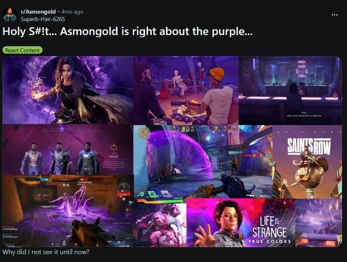 DEI Purple — Reddit post from r/Asmongold with a grid of purple-colored game screenshots agreeing with Asmongold's observation.
