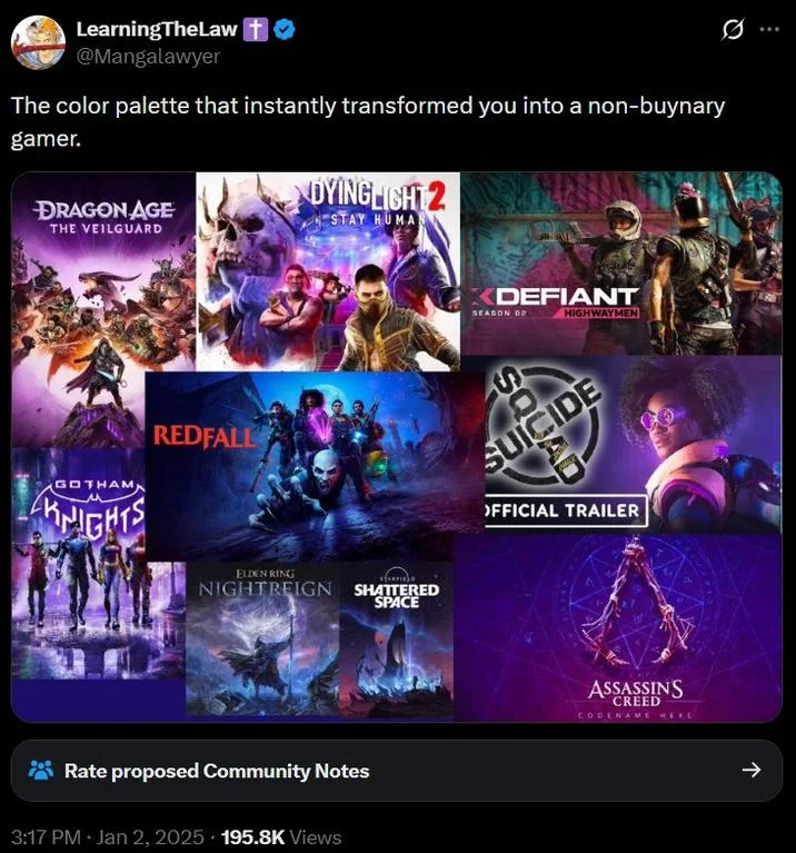 DEI Purple — Tweet showing a collage of purple-themed video game covers with caption about becoming a 'non-buynary gamer.'