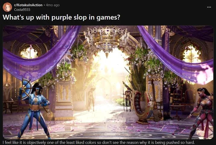 DEI Purple — Reddit post asking 'What's up with purple slop in games?' with a screenshot of a purple-decorated game temple.