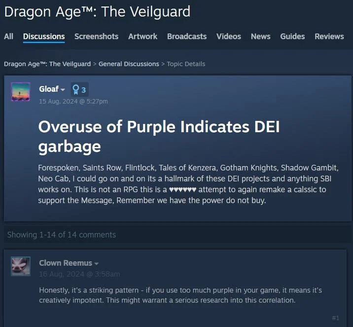 DEI Purple — Steam forum post titled 'Overuse of Purple Indicates DEI garbage' about Dragon Age: The Veilguard.