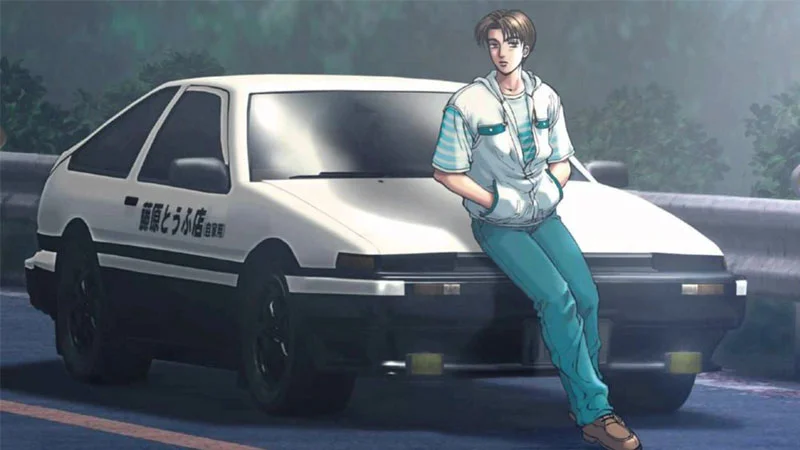 Deja Vu — Takumi Fujiwara leaning on his white Toyota AE86 Trueno from Initial D anime