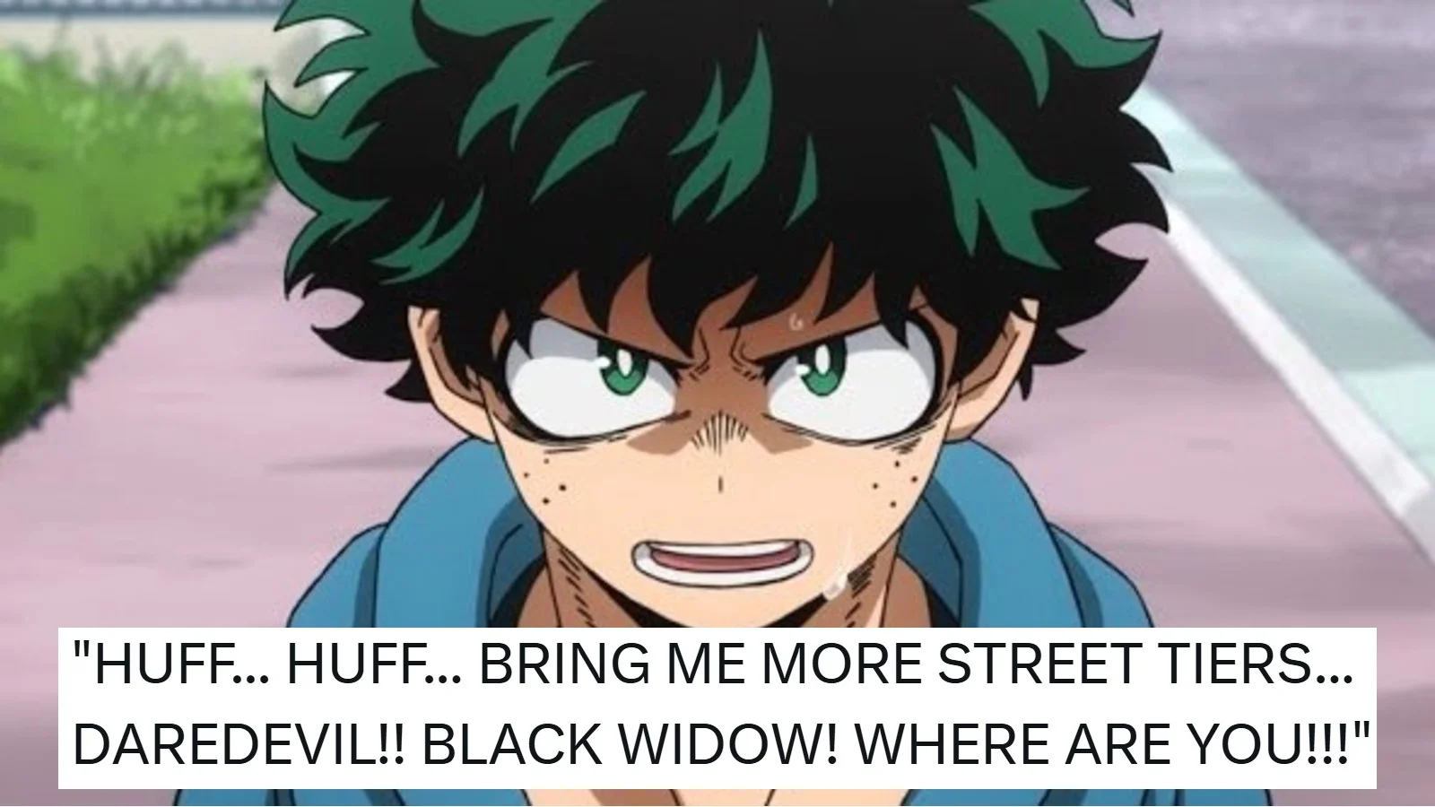 Deku Fighting Street Tiers Spider Man Vs Deku Death Battle — Deku anime character with intense expression and caption about fighting street tier heroes