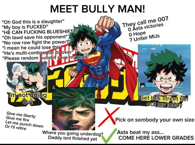 Deku Fighting Street Tiers Spider Man Vs Deku Death Battle — Collage meme showing Deku as Bully Man defeating street tier characters with victory statistics