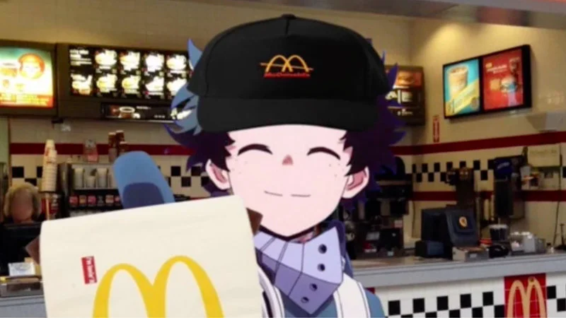 Deku Working At Mcdonalds — High-quality anime-style illustration of Deku wearing McDonald's cap with golden arches logo and red uniform smiling in restaurant.