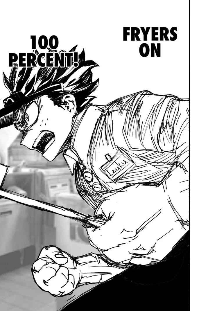 Deku Working At Mcdonalds — Black and white manga illustration of Deku with aggressive action pose and text '100 PERCENT!!' and 'FRYERS ON' depicting maximum