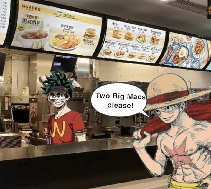 Deku Working At Mcdonalds — Photomanipulation of Deku in McDonald's uniform composited into real McDonald's counter with speech bubble ordering Big Macs.