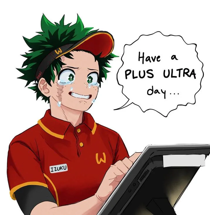 Deku Working At Mcdonalds — Anime-style illustration of Deku in red McDonald's employee uniform at register with name badge and adapted catchphrase speech