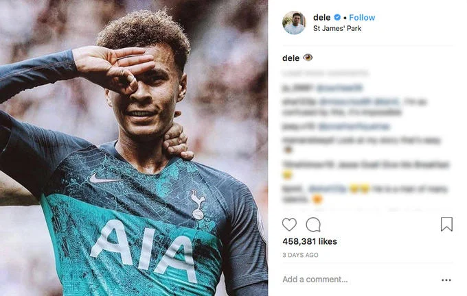 Dele Alli Hand Celebration — Professional photo of Dele Alli in Tottenham kit making signature hand gesture with OK sign to eye, shown as Instagram post with