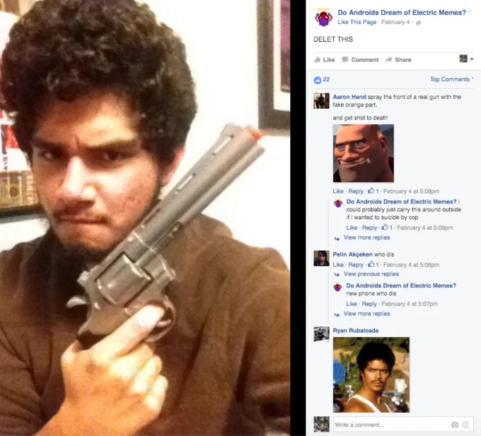 Facebook post of man holding revolver with 'DELET THIS' caption and comment thread