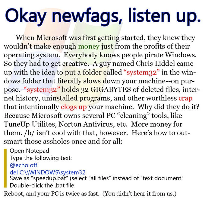 Delete System32 — Text copypasta explaining a fake history of system32 with batch file instructions to delete it