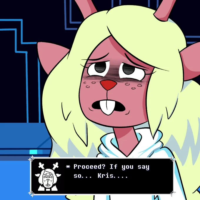 Deltarunes Weird Route — Weary Noelle Holiday with bruised eyes above dialogue reading Proceed if you say so Kris