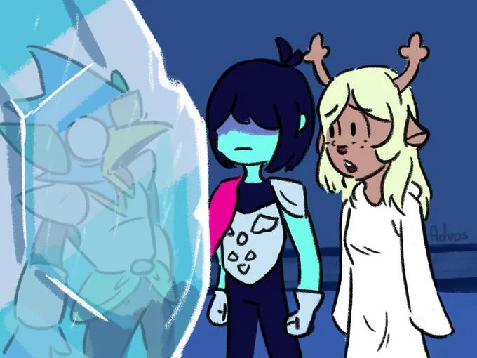 Deltarunes Weird Route — Illustration of Kris and Noelle beside a frozen enemy from Deltarune