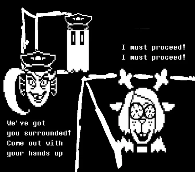 Deltarunes Weird Route — Deltarune meme edit of Undyne surrounding Noelle who repeats I must proceed