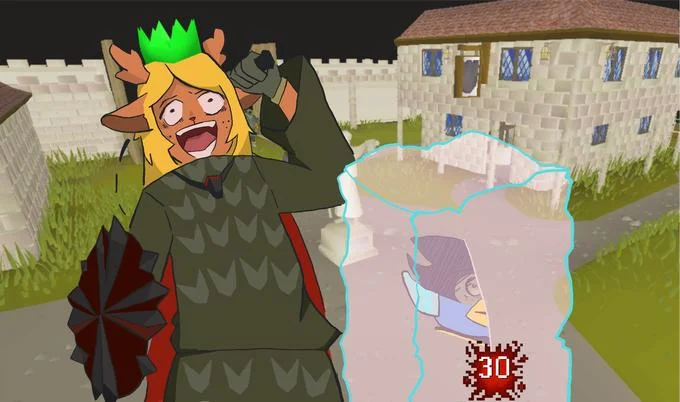 Deltarunes Weird Route — Noelle Holiday drawn in Old School RuneScape style casting ice barrage on a player