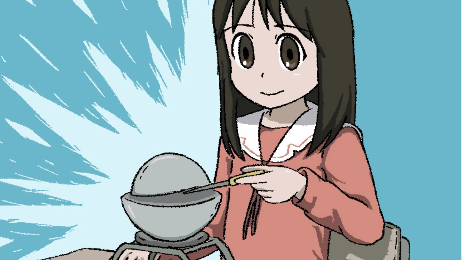 Anime girl calmly poking a glowing silver demon core sphere with a screwdriver as blue radiation lines emanate from it.