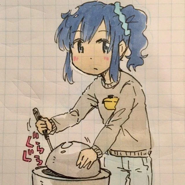 Red-haired bat-winged anime demon girl poking the demon core with Japanese 'cooking' title text.