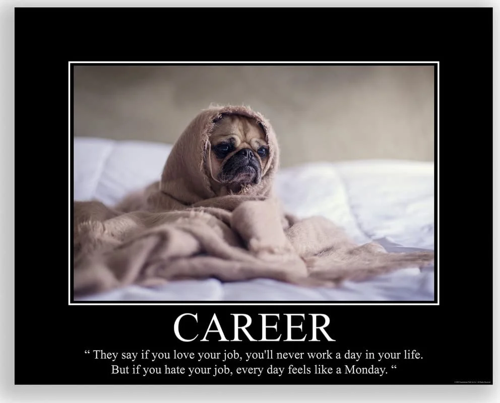Demotivational Posters — Sad-looking dog wrapped in blanket titled 'CAREER' questioning job satisfaction and life purpose.