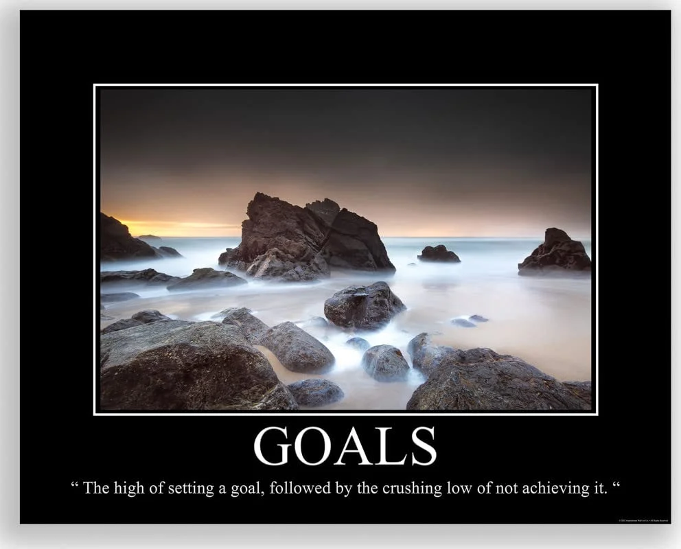 Demotivational Posters — Serene rocky shoreline at sunset titled 'GOALS' with caption about unachieved aspirations disappointment.
