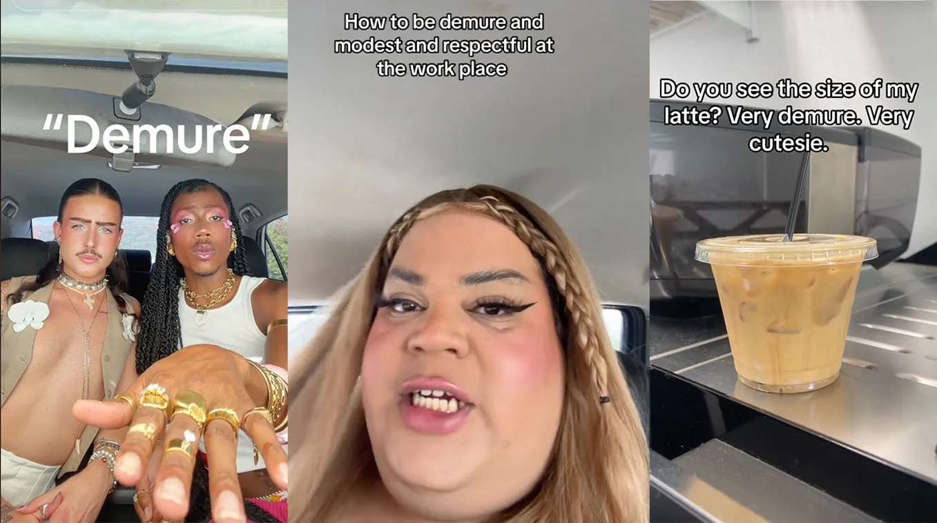 Multi-panel meme showing humorous examples of being demure with text overlays and various scenarios with people and food.