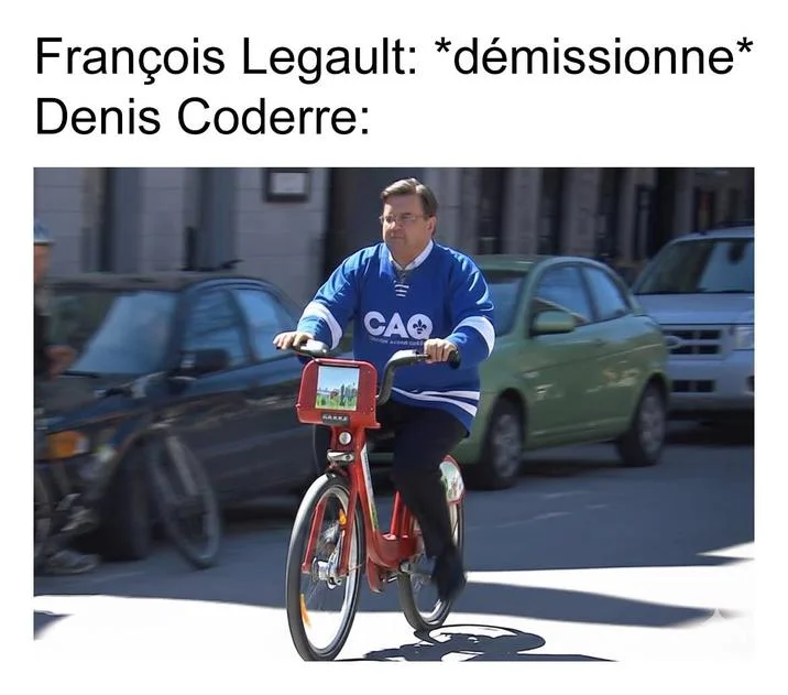 Meme of Denis Coderre riding a Bixi wearing a CAQ jersey
