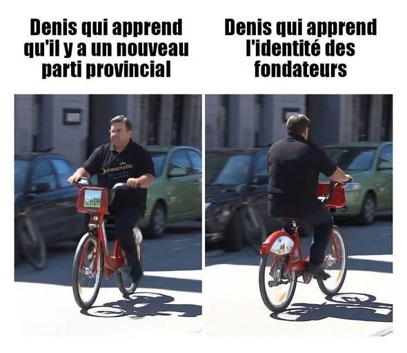 Denis Coderre riding a Bixi — Two-panel French meme of Denis Coderre on a Bixi about a new provincial party