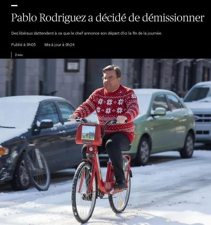 Denis Coderre riding a Bixi — News-style meme of Denis Coderre in a Christmas sweater riding a Bixi in snow