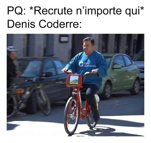 Meme of Denis Coderre riding a Bixi wearing a Parti Québécois jersey