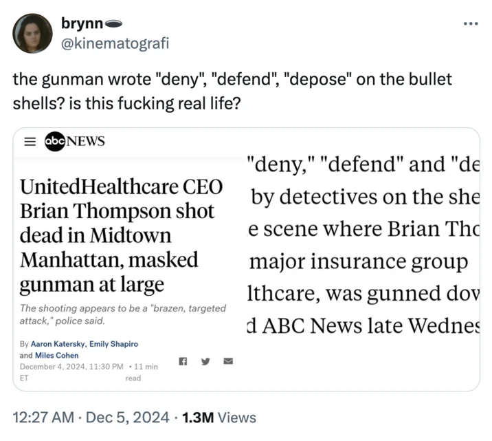 Tweet expressing shock over deny defend depose written on bullet shells with ABC News article