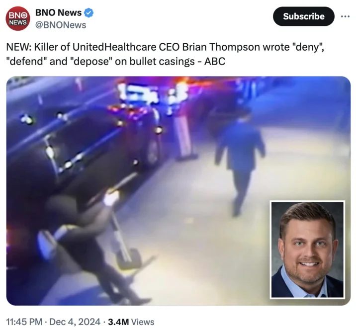 Deny Defend Depose — BNO News tweet reporting deny, defend, depose bullet casings in UnitedHealthcare CEO shooting