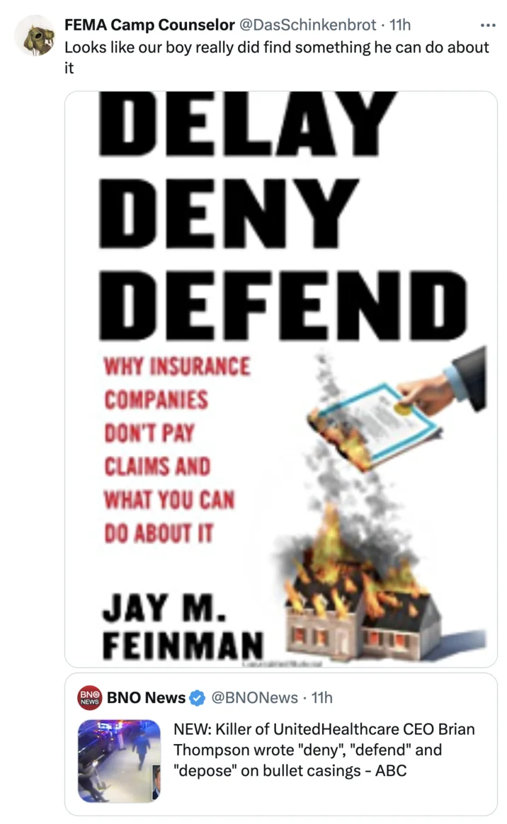 Deny Defend Depose — Tweet showing Delay Deny Defend book cover by Jay M Feinman referenced in the case