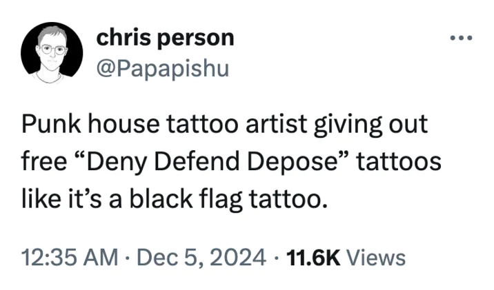 Tweet joking about a punk house giving out free Deny Defend Depose tattoos