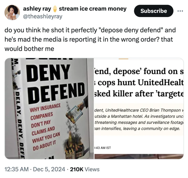 Deny Defend Depose — Tweet joking about wrong ordering of depose deny defend with book cover image