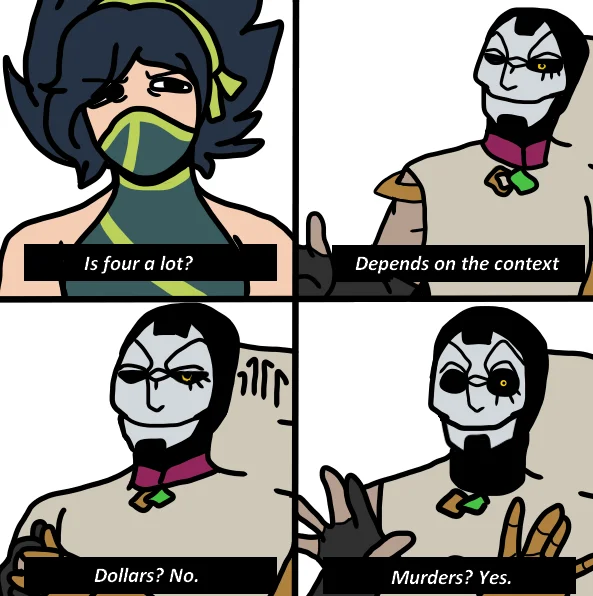 Depends On the Context — Cartoon-style four-panel adaptation of the 'Is four a lot' meme with two illustrated characters.