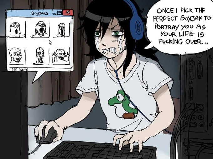 Depicted As A Soyjak — Anime girl at computer browsing soyjak folder to portray opponent