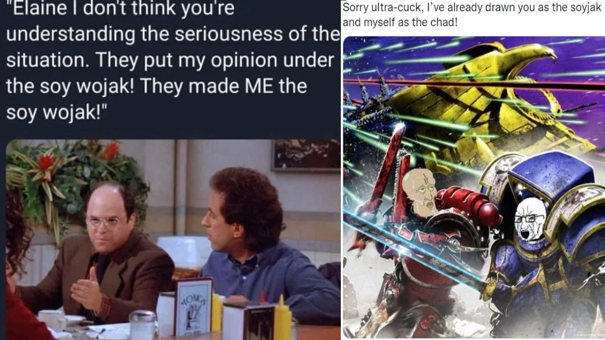 Depicted As A Soyjak — Composite meme combining a Seinfeld soy wojak caption and a Warhammer 40k soyjak vs chad edit