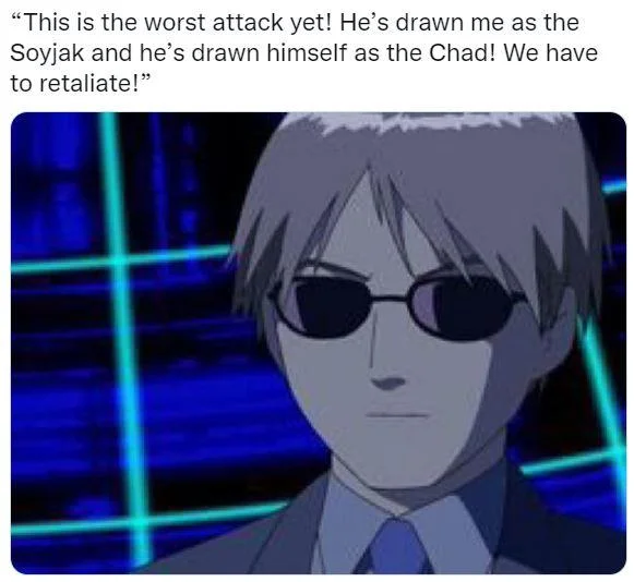 Depicted As A Soyjak — Kirei Kotomine anime character with soyjak vs chad complaint caption