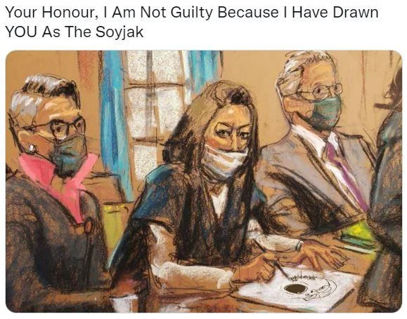Depicted As A Soyjak — Ghislaine Maxwell courtroom sketch edited with a soyjak drawing